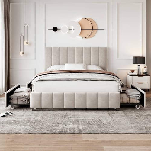 FEZTOY 4ft6 Double Upholstered Bed with 4 Storage Drawers, Velvet Platform Bed Frame with Adjustable Channel Tufted Headboard, Beige