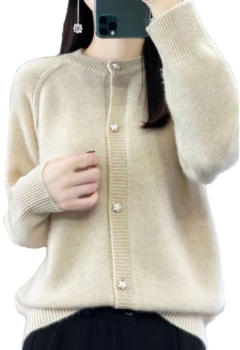 Women's Winter Wool Cardigan Joker Solid Color O-Neck Fashion Padded Warm Loose Cardigan Beige L