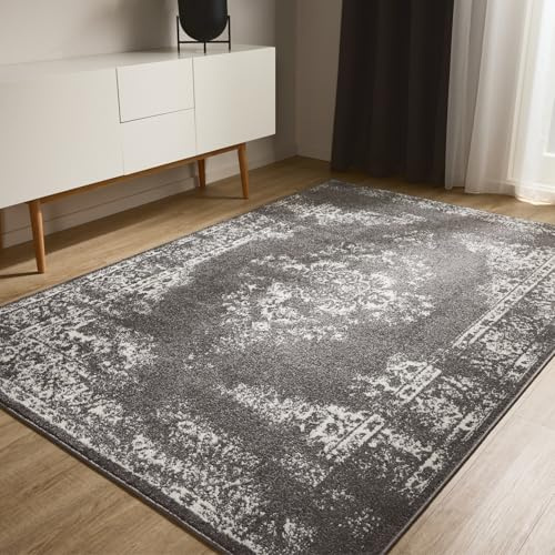 benuta Basic Teppich Sia - Grau 140x200 cm - Kunstfaser - Rechteckig & im Style: Vintage, Boho-Style, Retro - Pflegeleicht für Wohnzimmer Schlafzimmer