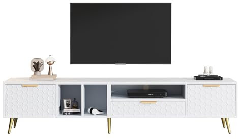 Mueble TV 180 cm, Mesa TV con Puertas, Cajones y Compartimentos, Armario Bajo TV con Patrón de Panal, Armario Auxiliar Salón, Mueble de Televisión Blanco Moderno Tiene Capacidad para TV de 80 Pulgadas