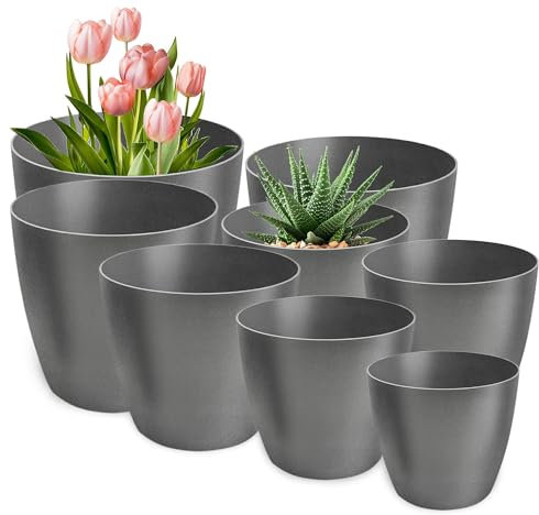 PECZEKO Blumentopf matt, 8er-Set blumenkübel, 9,5/12/14/16/18/20/25/30 cm Pflanzkübel aus Übertopf Kunststoff Topf für, groß und klein Pflanzen, 8er-Set blumenkübel kräutertopf, Graphit