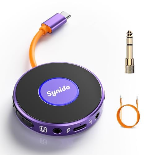 Synido Tragbares Gitarren-Audio-Interface mit USB-C 24bit, 48kHz Mini-Schnittstelle für die Aufnahme von Musik und Live-Streaming mit Instrumenteneingang und Kopfhörerüberwachung