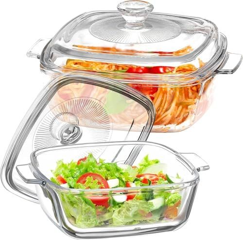 2 Pack Glass Casserole Dish with Lid, Square Baking Dish with Handle Borosilicate Glass Serving Bowl for Oven Kitchen Home Party Cooking, Dishwasher Oven Safe (0.8L + 1.5L)
