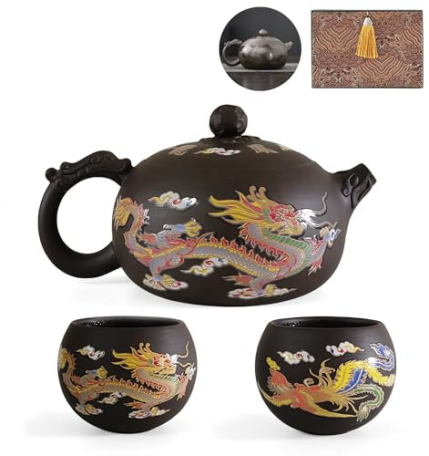 NIUKOMY Yixing Zisha Théière Set 450ML, Grande Théière Chinoise en Argile avec Boîte Cadeau, Changement de Couleur Service à Thé Kung Fu, Bouilloire en Argile avec 2 Tasses