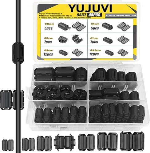 YUJUVI Ferritkern Set klappferrit Entstörfilter 48 Stück EMI Filter Kabel Clip 6 Wert Ferritkerne kabelclip Set für Kabel RFI, EMI, USB, 3 mm, 5 mm, 7 mm, 7 mm, 9 mm, 13 mm, mit Aufbewahrungsbox
