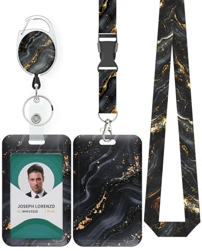 Uniclife Porte Badge Coulissant Marbré Plastique Enrouleur de Badge Rétractable Mousqueton Lanière Détachable Porte Carte Navigo Vertical Gaufré Travailleur Infirmier Enseignant Étudiants Noir & Or