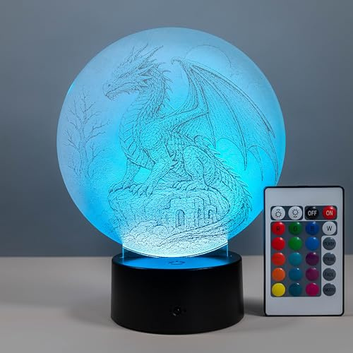 Fantasy Drachen Lampe LED 3D – Drachenlampe mit Farbwechsel & Fernbedienung – Fabelwesen Licht Deko – Geschenkidee für Drachenfans & Rollenspieler – Dragon Leuchte – Acryl Made in Germany