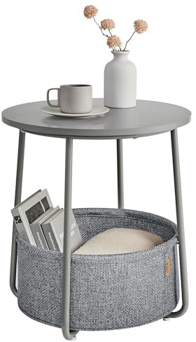 VASAGLE Beistelltisch rund, Korb aus Stoff, Stauraum für Wohnzimmer | Kleiner Tisch, Couchtisch klein, Wohnzimmertisch, taubengrau-schiefergrau, LILEA Kollektion LET223GD01