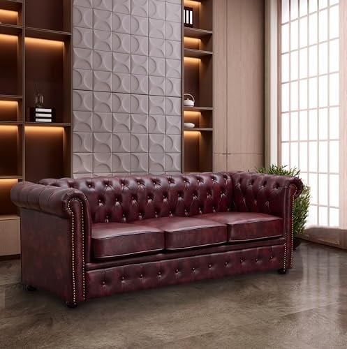 UK Leisure World chesterfield ox red blood red three seater sofa 3 2 1 faux leather set suites settee twin armchair brown (Three seater)