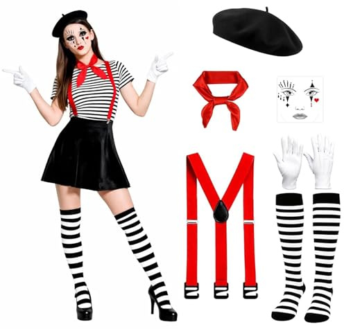 Gillterway 6 Stück Pantomime Kostüm Damen Herren, Harlekin Kostüm Damen mit Baskenmütze, Handschuhe, Gesichtstattoo, Verstellbare Hosenträger, Zirkus Clown Kostüm für Karneval und Fasching