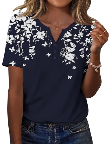 Zeagoo Women's Short Sleeve T Shirts V Neck Tunic Tops Summer Casual Blouse | Floral Printed Tee Shirt With Buttons S-XXL S-XXL