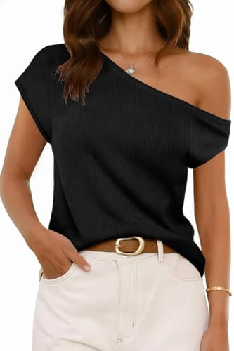 ROFUSSO Womens Off The Shoulder Tops Summer Short Sleeve Tops Casual Loose Knit Pullover Lightweight Tee Shirts