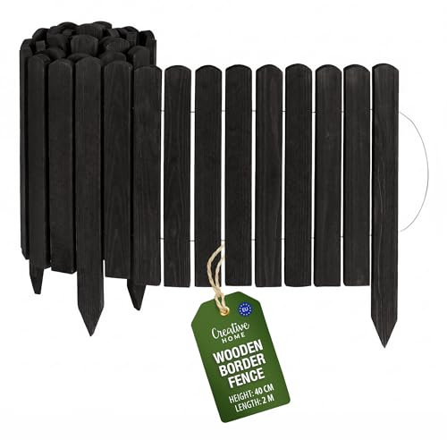 Creative Home Rasenkante Beeteinfassung Holz 200 x 40 cm (L x H) Schwarz | Flexible Beetumrandung 40 cm hoch Gartenzaun zum Stecken | Ideal als Beetbegrenzung, Holzzaun, Deko Zaun, Mähkante, Beetzaun