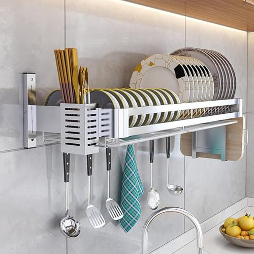 Escurridor de platos montado en la pared, organizador de acero inoxidable sobre el fregadero con estante para cubiertos y soporte para tabla, diseño que ahorra espacio