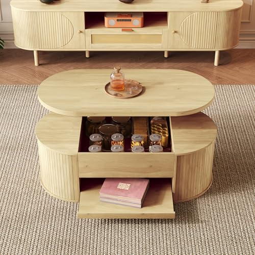 Merax Lift Top Coffee Table with Storage, Modern Coffee Table with Curved Wooden Sides, Extendable Shelf, Height Adjustable Lift-Up Tabletop, Multifunctional Centre Table for Living Room, Natural Oak