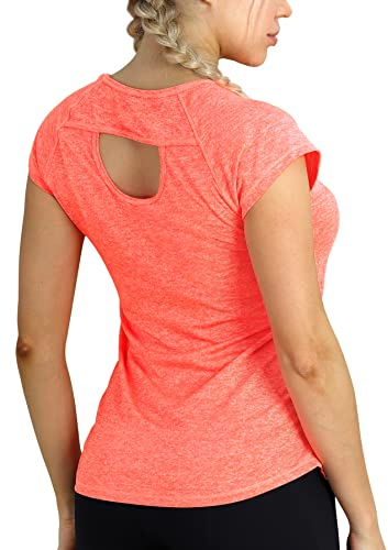 icyzone Damen Sport T-Shirt Kurzarm Laufshirt Rückenfrei Fitness Oberteile Gym Yoga Top (L, Orange)