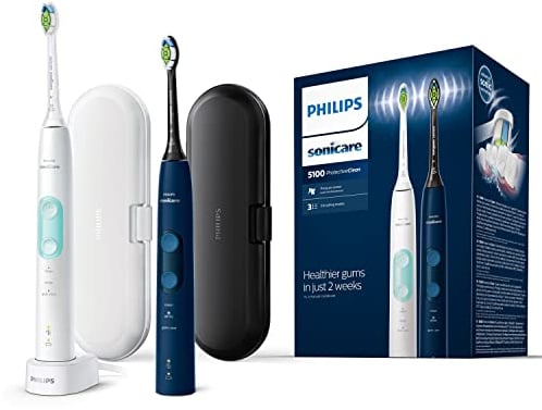 Philips Sonicare ProtectiveClean 5100 elektrische Zahnbürste, Schallzahnbürste mit 3 Putzmodi, Clean und White, Drucksensor, Timer und Reiseetui, Weiß und Blau, 2er-Pack, Modell HX6851/34