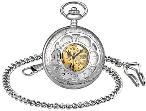 MICGIGI-Men/Women Mechanical Hand-Wind Pocket Watch Retro Windmill Pocket Fob Watches with Chain(Silver)