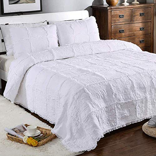 Tagesdecken Bettüberwurf White Rose Garland Handgefertigte Gesteppte Bedspread Decke 3 Stück 100% Baumwolle Stickerei Multifunktions King Size Tagesdecke (230x250cm) Mit 2 Kissenbezügen (50x70cm)