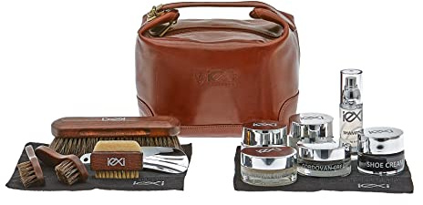 IEXI Exclusive Kit - 13-teiliges Set für Pflege und Wartung Leder Schuhe, Taschen, Gürtel, Kleidung und anderes Zubehör - Made in Italy - Premium-Kit mit Ledertasche - Geschenkidee oder Reise