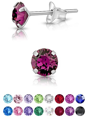 DTPsilver - KLEINE Ohrringe 925 Sterling Silber mit Kristallen von Swarovski® Elements Runde Ohrstecker - Durchmesser 5 mm - Farbe : Amethyst