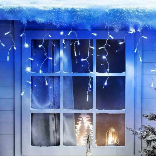 Magic Toy Shop Christmas Icicle 4.4m Waterproof, Timer LED String Lights - 200 Battery Powered, 8 Light Modes (Blue and White)