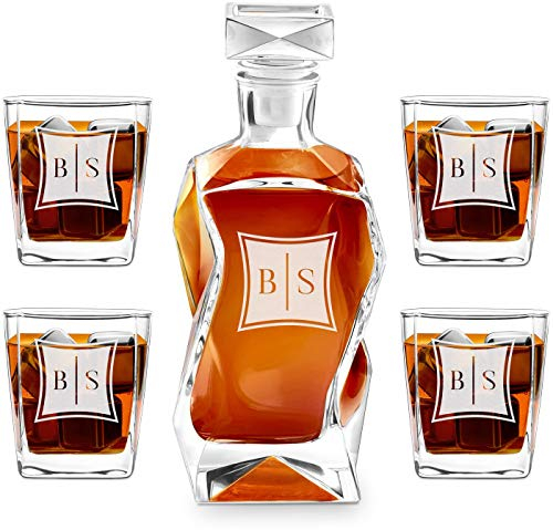 Maverton Set Decanter per Whisky in vetro - da 700 ml - incisione personalizzata - Caraffa con 4/6 bicchieri - idea regalo per il compleanno - per l’ uomo - Quadrato flessibile