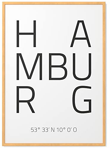 Papierschmiede® Geo Poster Koordinaten Hamburg, A3 Gerahmt im Natur-Holzrahmen, Stadt Bild als Wanddeko für Wohnzimmer Schlafzimmer Küche Esszimmer, Hamburg Perle Hauptstadt des Nordens