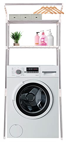 CLP Estantería Tubular Ellsworth para Baño De Acero Inoxidable I Mueble Auxiliar para Lavadora con 2 Estantes & Ganchos, Color:Blanco