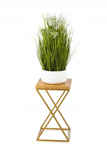 HowHomely Pflanzenständer Metall 40 cm Hoch - Stabiler und Fester Blumenhocker mit Eiche Optik MDF-Platte auf Gold Ständer - Blumenständer zur Dekoration Innenräumen