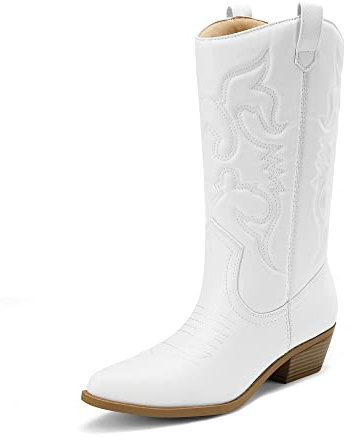 DREAM PAIRS Stivali da Cowboy da Donna, Stivali da Cowgirl Alti Fino alla Caviglia con Ricamo, Scarpe Western con Tacco Basso e Spesso,Size 37,Bianco,SDMB2218W