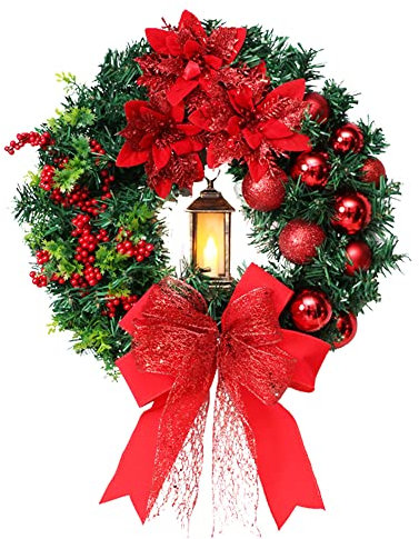 Künstlicher Weihnachtskranz für Tür, 40cm Türkranz Weihnachten mit Lichtern außen und innen, LED Lichterkette Kranz Weihnachten Adventskranz künstlich Beeren Kugeln Dekoration für Fenster Kamin Wand