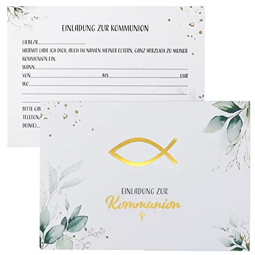 12 x Einladungskarten zur Kommunion Din-A6 Karten mit Elegantes Blättermotiv und Umschlägen für Einladungen zur Erstkommunion Jungen und Mädchen Sakrament Dekoration usw.