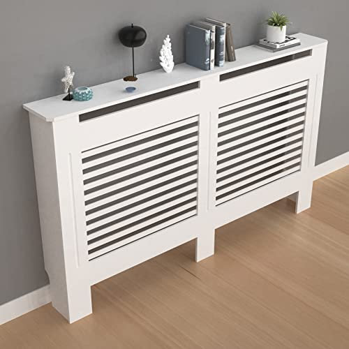 FATIVO Cubierta de Radiador Alta Blanca Moderna: Consola Cubreradiador de Madera MDF, 100 cm de Altura Interior, Estante para Calentador (Horizontal, 152x19x101 cm)