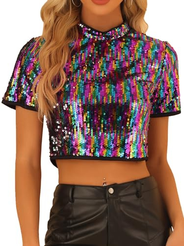 Allegra K Women Sparkle Glitter Sequin Short Sleeve Crop Top Blouse | Fully lined. Curve-accentuating silhouette. Allover shimmer. For dancing, nightclub, rave outfits