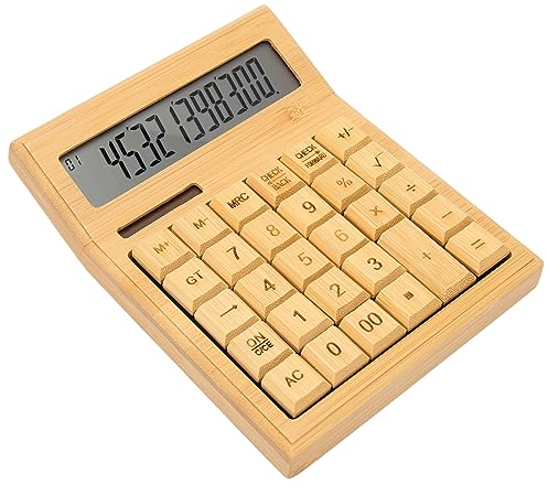 Fockety Taschenrechner, 12-stelliger Bambus-Holz-Solar-Rechner, LCD-Display Basic Standard-Funktion Desktop-Rechner mit Solar-und Batterie-Doppel-Power, für Büro, Haus, Schule, Geschäft