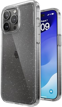 Speck Klare iPhone 15 Pro Max Hülle, schlank, Fallschutz, Kratzfest, vergilbungsfrei, 6,7 Zoll Handyhülle GemShell Clear/Platinum Glitter