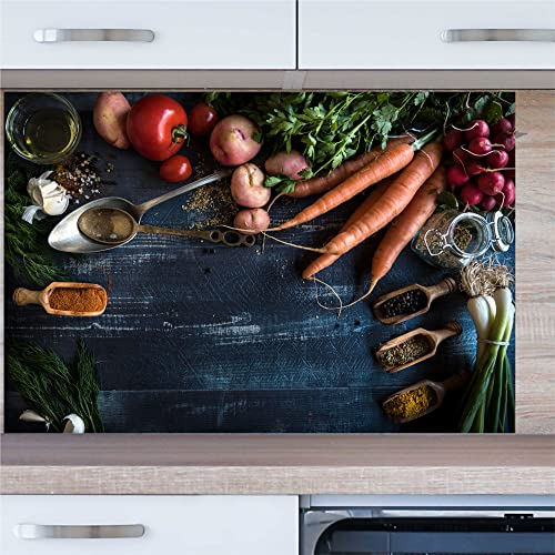 INDIGOS UG Küchenrückwand - Gemüse auf Holz - 100x60 cm ESG Echtglas Bedruckt - mit Bild - Motiv - Küche - Rückwand - Glasplatte - Spritzschutz - Herd - Ofen