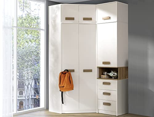Design Möbel Eckkleiderschrank Set Gustavo 12 mit Schrankerweiterung 40 cm Eckschrank mit Regal Kleiderschrank Schlafzimmer Möbel Schrank Schlafzimmer Kinderzimmer Weiß, Eiche Riviera