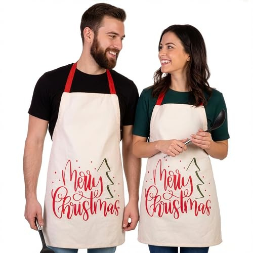 BRUBAKER Weihnachtsschürze Merry Christmas - Retro Kochschürze für Damen und Herren - Lustige Schürze Weihnachten - Verstellbare Küchenschürze