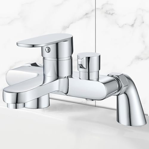 Bath Shower Mixer Tap Modern Bath Taps Single Lever Monobloc Shower Mixer Deck Mounted Bathtub Faucet Tub Filler Chrome, Solid Brass, 1/2'' Outlet, 180mm Centres, with Tub Filler Spout