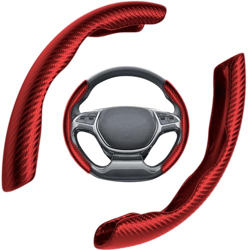 LNGJIN Auto-Lenkradbezug, 2 Stück, Universal 36-40 cm, aus Carbonfaser, rutschfest, ultraleicht, bequem, segmentiert für die meisten Autos (rot)