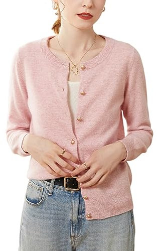 E-girl SPR2249 - Cardigan da donna, 95% cashmere, girocollo, a maniche lunghe, in lana di cashmere, tinta unita, sottile, Colore: rosa., 40