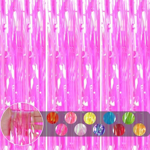 3pcs Tinsel Curtain Holographic Hot Pink Glitter Foil Door Curtain Party Backdrop,3.2x6.5ft Iridescent Foil Fringe Curtain Streamer Shimmer Curtains Backdrop Decoration for Girls Birthday Party