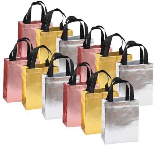 HugeDE 12 Pcs Non Woven Fabric Gift Bags - Medium Shiny Retail Shopping Tote Bags for Christmas, Birthday Parties - Rose Gold, Silver, Gold
