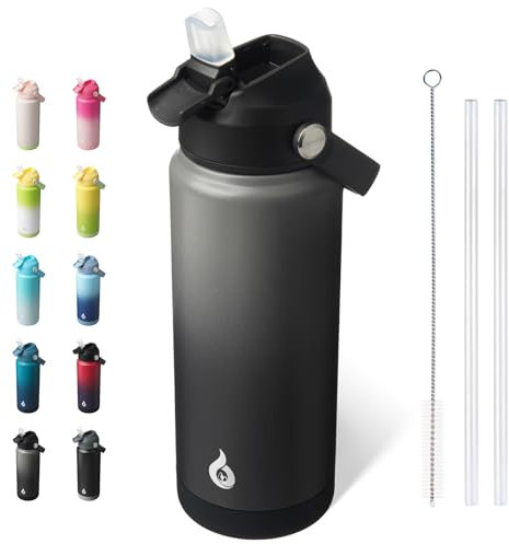 BJPKPK Water Bottle with Straw Lid, 24oz Vacuum Insulated Water Bottles, Metal Stainless Steel Thermos for Sports, Travel, BPA Free Leak Proof Thermos, Cups, Flasks, Tumblers,Black Grey