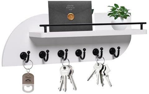 Karisky Porte-clés mural en bois, organisateur de clés et de courrier décoratif avec 6 crochets en métal robustes et étagère flottante, 35,6 cm pour entrée, blanc et noir