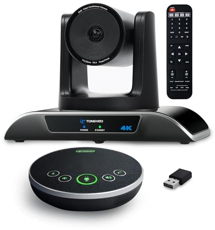 TONGVEO Telecamera per sala conferenze 4K all-in-1 con microfono Bluetooth, rilevamento automatico AI Zoom digitale 5X USB 3.0 Telecamera PTZ grandangolare da 124° e vivavoce per Team Zoom Skype e