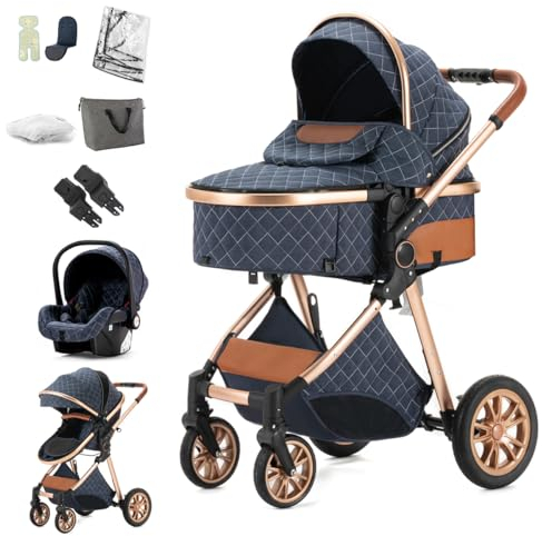 BEBBY Kombikinderwagen 3 in 1 Reisesysteme Standardkinderwagen Kinderwagen Buggy Neugeborener Tragbarer Reisewagen Faltbarer Aluminium Kinderwagen High Landscape Kinderwagen (Blue-6)