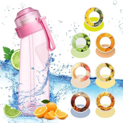 Botella de agua de aire libre de BPA, botella de agua con aroma a fruta de 650 ml con cápsula de 5 sabores, taza de agua deportiva a prueba de fugas con popote (rosa)